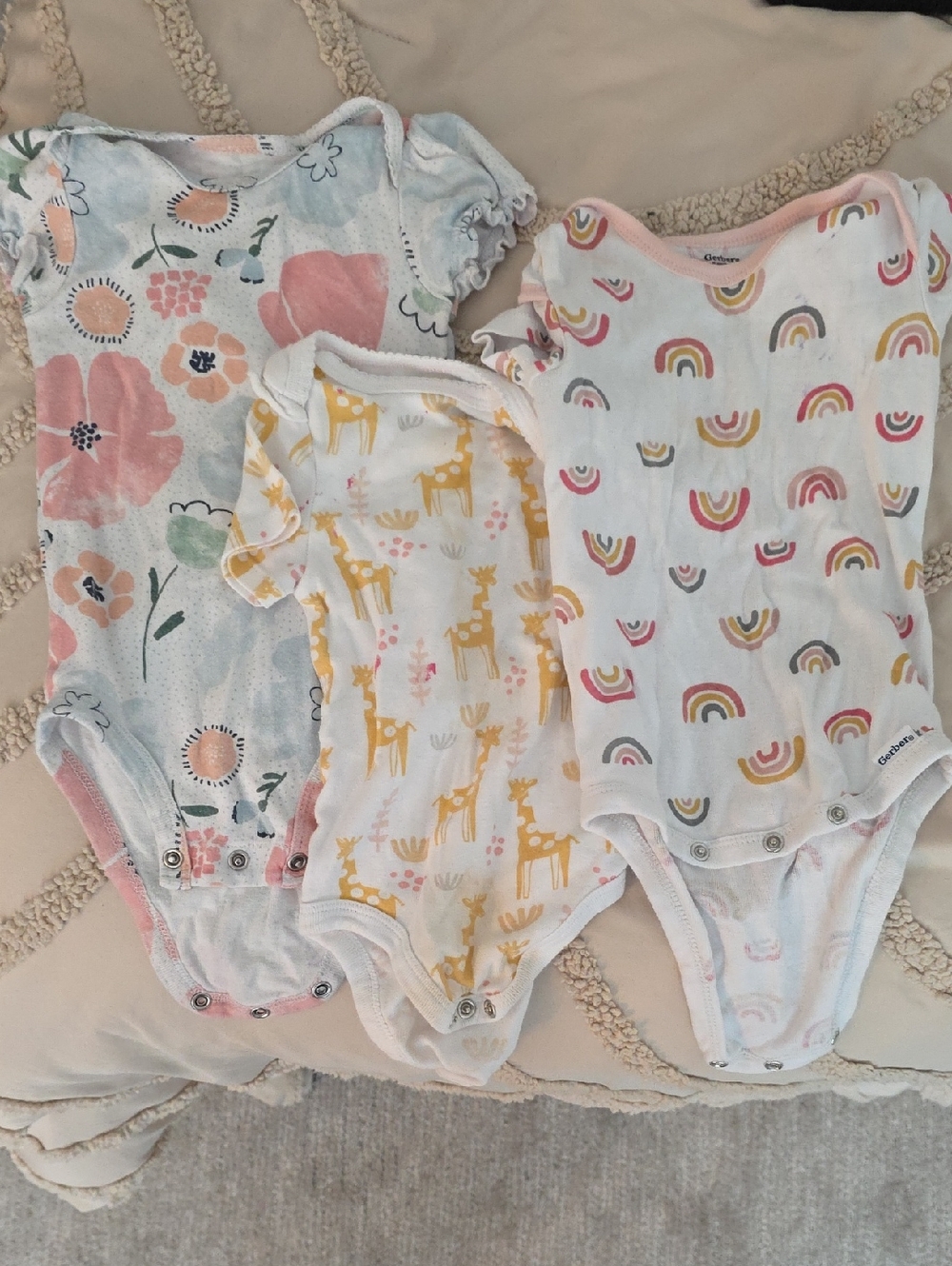 Onsie Lot- Pastel Floral, Mustard Giraffe & Rainbow One-Piece Bodysuit Set